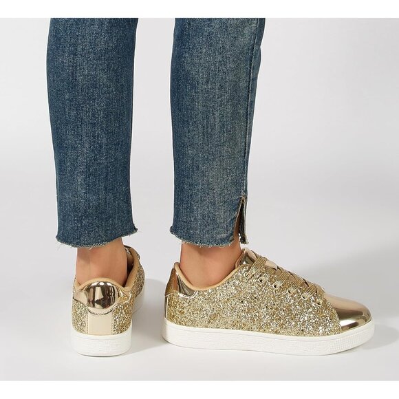Brand New Women All Gold Rubber Glitter Sneakers Sparkly Fashion Lace Up Shoe - Picture 8 of 9
